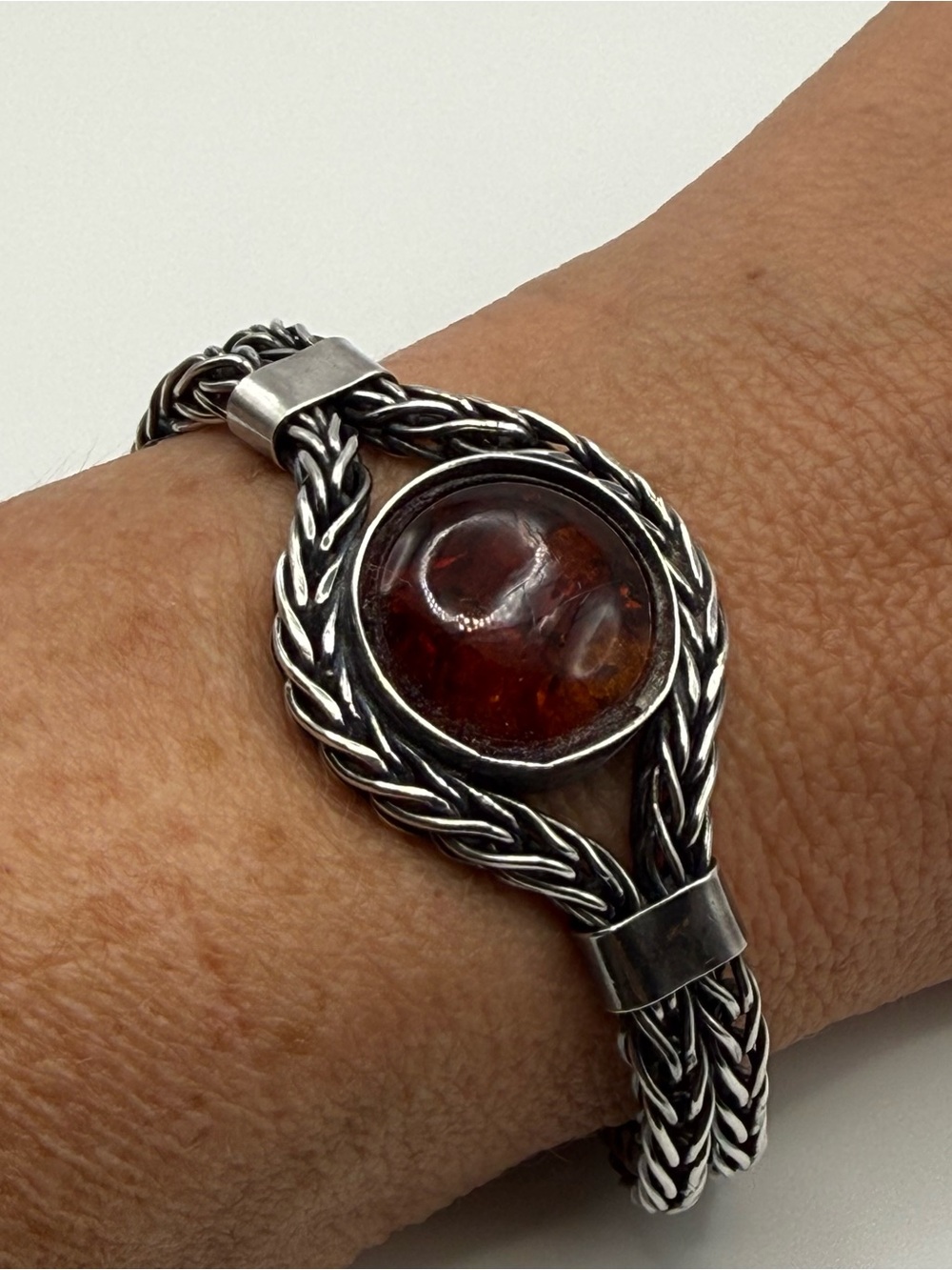 Vintage JR 925 Sterling Silver Amber Cabochon Braided Bracelet Size 7